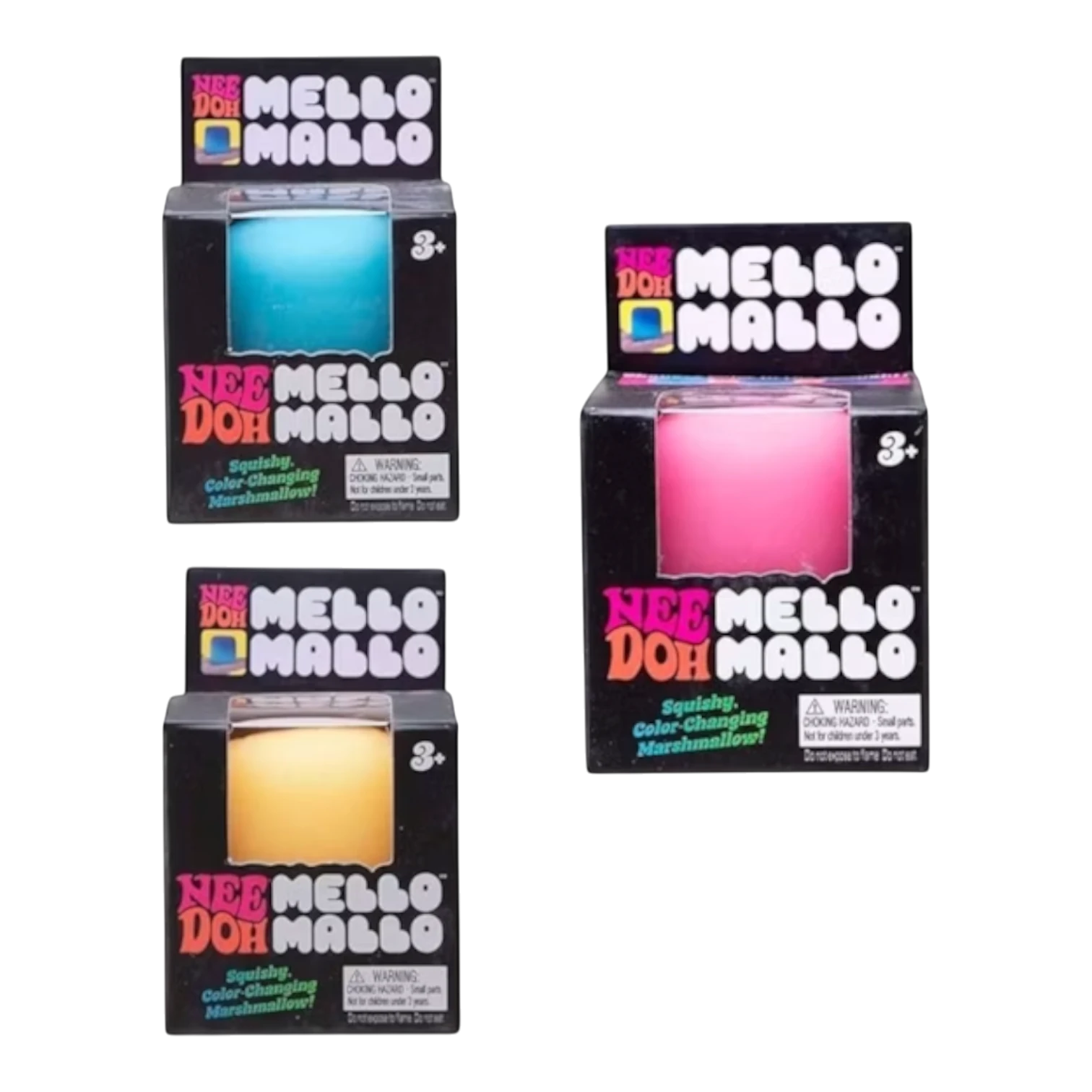 Squish Planet NeeDoh Mello Mallo squishy fidget toys in blue, pink, and yellow, marshmallow-shaped and slow-rising.